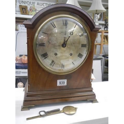 939 - A late Victorian mahogany bracket clock, in working order.