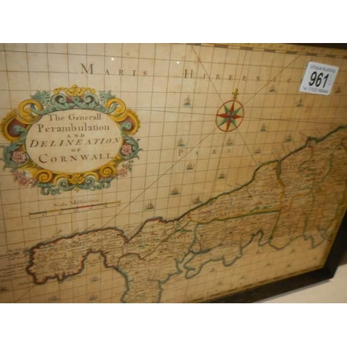 961 - A framed and glazed map of Cornwall and a framed strip map engraving by Owen & Bowen 1730's.