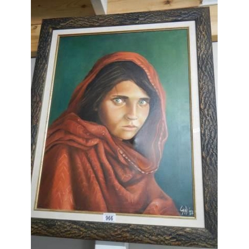 966 - A framed portrait on canvas entitled 'The Afghan Girl' (Front page of National Geogrpahic 1985). COL... 