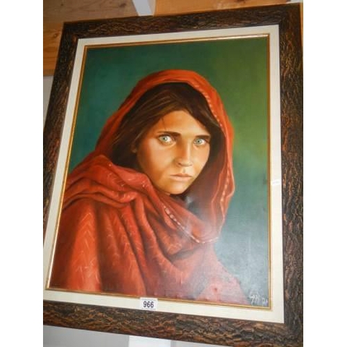 966 - A framed portrait on canvas entitled 'The Afghan Girl' (Front page of National Geogrpahic 1985). COL... 