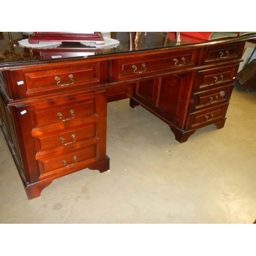 1102 - A good solid mahogany glass topped office desk, COLLECT ONLY.