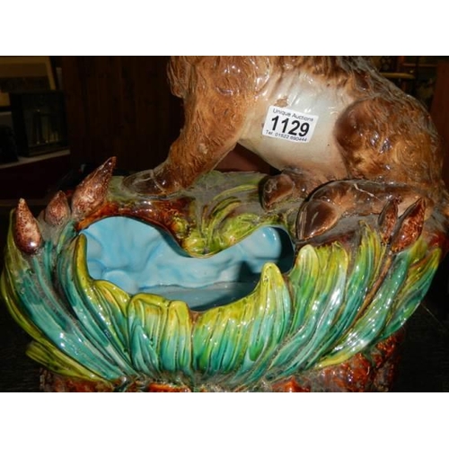 1129 - A large majolica bulb bowl featuring a boar. COLLECT ONLY.