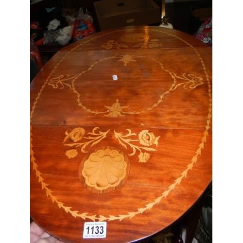 1133 - A 20th century inlaid drop leaf table with one drawer. COLLECT ONLY.