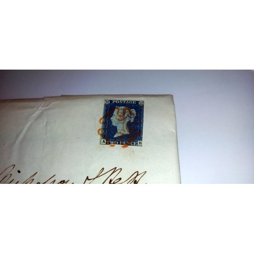 678 - A penny black, penny red and twopenny blue stamps on postmarked envelopes.