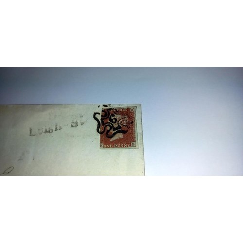 678 - A penny black, penny red and twopenny blue stamps on postmarked envelopes.