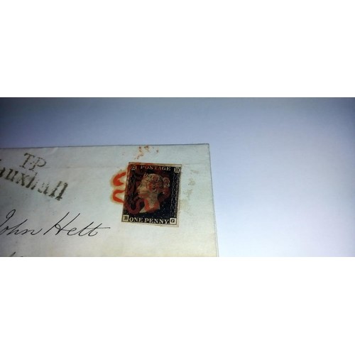 678 - A penny black, penny red and twopenny blue stamps on postmarked envelopes.