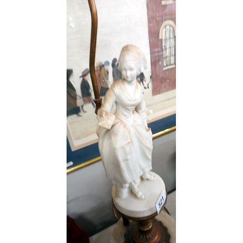 521 - An early 20th century table lamp featuring a parian figure, height to top of shade holder 90 cm, to ... 