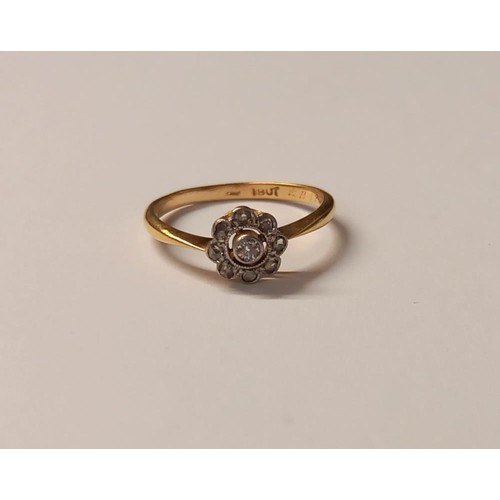 131 - A rose cut diamond cluster ring stamped 18ct, dated 4/3/1920, size M half, 2.2 grams.
