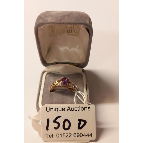 150D - An amethyst/diamond set ring in 9ct gold , size N, 2.9 grams.