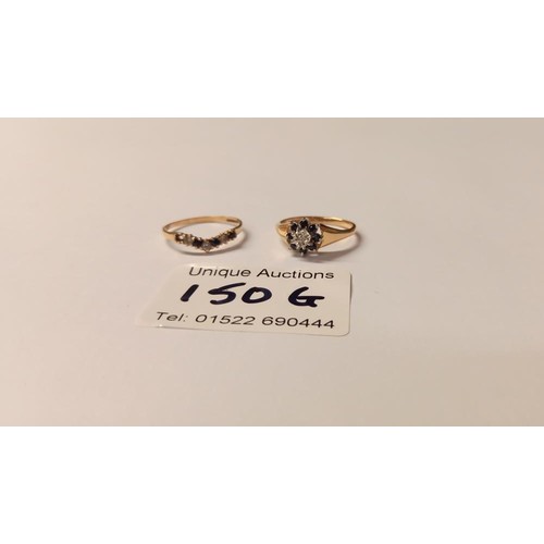 150G - A diamond/sapphire cluster ring in 9ct gold and a wishbone ring in 9ct gold, sizes N half and O, 2.6... 