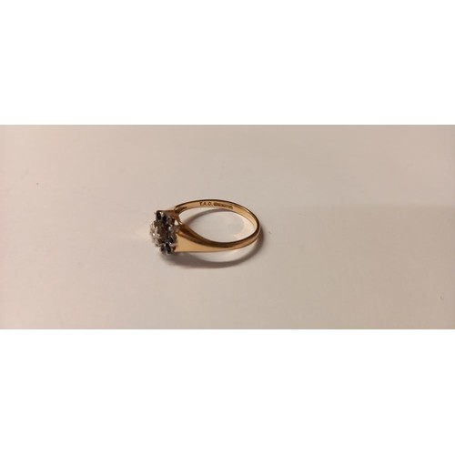 150G - A diamond/sapphire cluster ring in 9ct gold and a wishbone ring in 9ct gold, sizes N half and O, 2.6... 