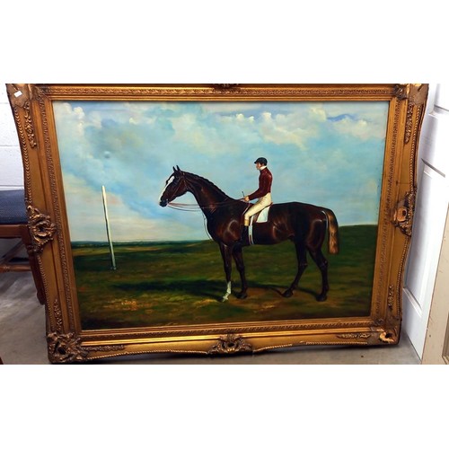 758 - A gilt framed oil on canvas painting of a horse with jockey, unsigned (frame a./f) frame 117 x 144 c... 