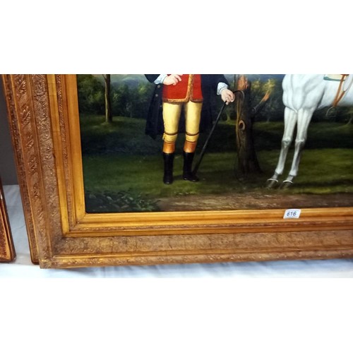 616 - A gilt framed oil on canvas painting of a horse with rider, frame 114 x 84 cm, image 90 x 80 cm, COL... 