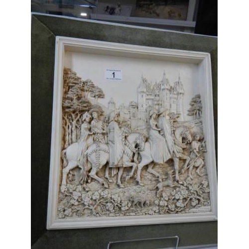 1 - A framed medieval scene plaque.