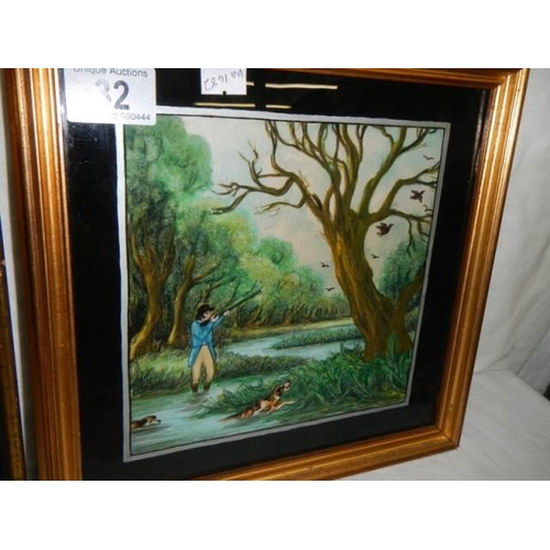 32 - A pair of framed and glazed paintings on silk of hunting scenes. COLLECT ONLY.