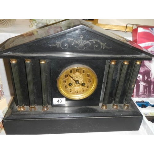 43 - A Victorian slate Palladian style mantle clock, in working order, COLLECT ONLY.