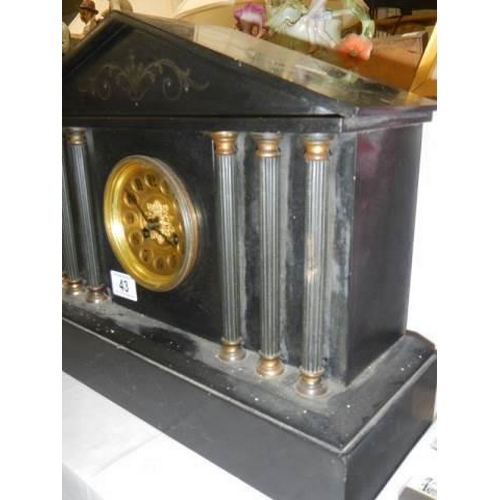 43 - A Victorian slate Palladian style mantle clock, in working order, COLLECT ONLY.