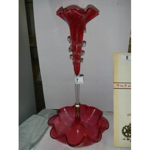 7 - A single trumpet cranberry glass epergne.
