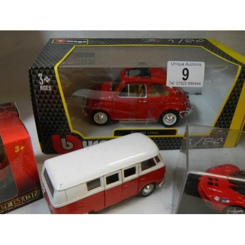 9 - Five boxed and one unboxed die cast vehicles.