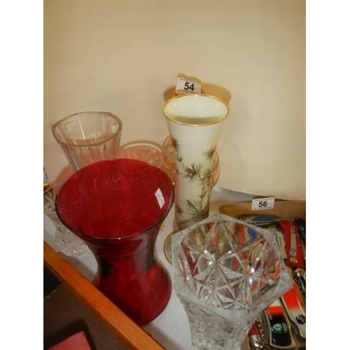 54 - A mixed lot of glass vases and a decanter. COLLECT ONLY.