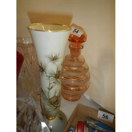 54 - A mixed lot of glass vases and a decanter. COLLECT ONLY.