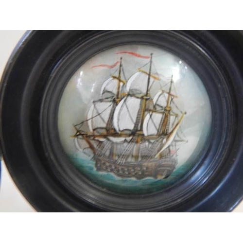 198 - Three framed pot lids depicting tall ships.