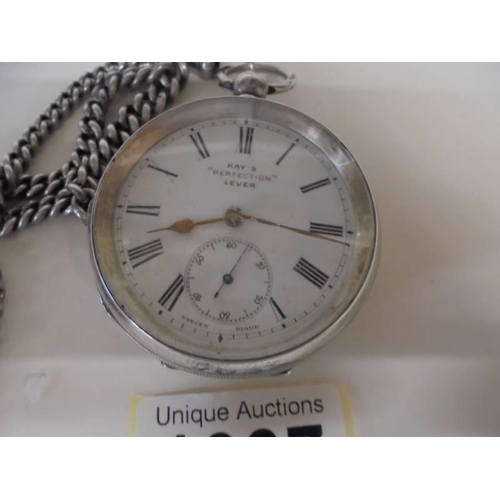 1037 - A Kays silver pocket watch on a silver chain, in working order.