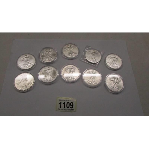 1109 - 10 1 oz .999 silver USA Eagels coins, various dates.