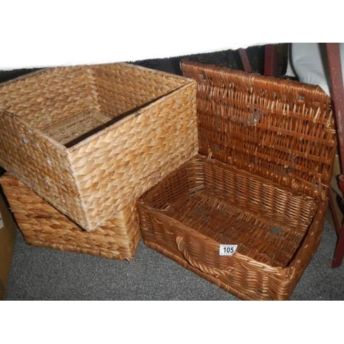 105 - A wicker picnic basket and two other baskets. COLLECT ONLY.