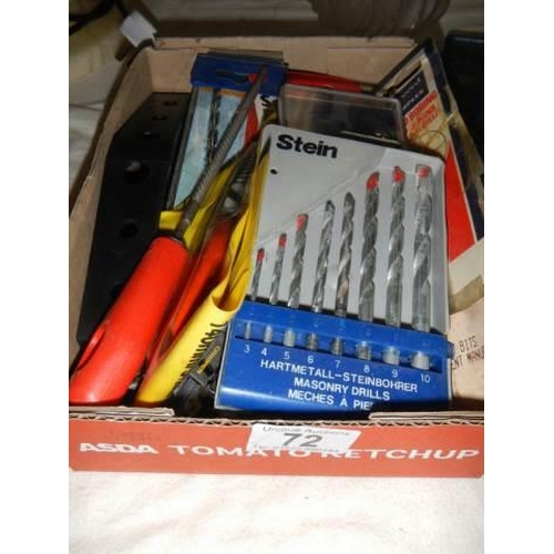 72 - A mixed lot of tools including new drill bits.