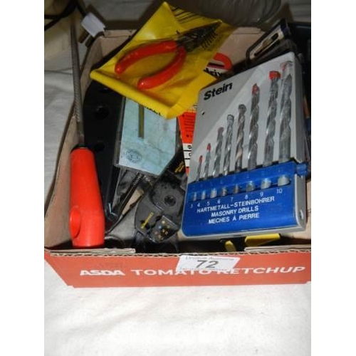 72 - A mixed lot of tools including new drill bits.