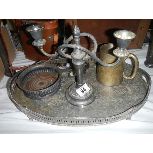 94 - A silver plate tray, candelabra etc.,