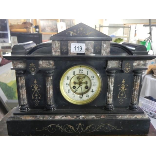 119 - A black slate Paladian style mantel clock, COLLECT ONLY.