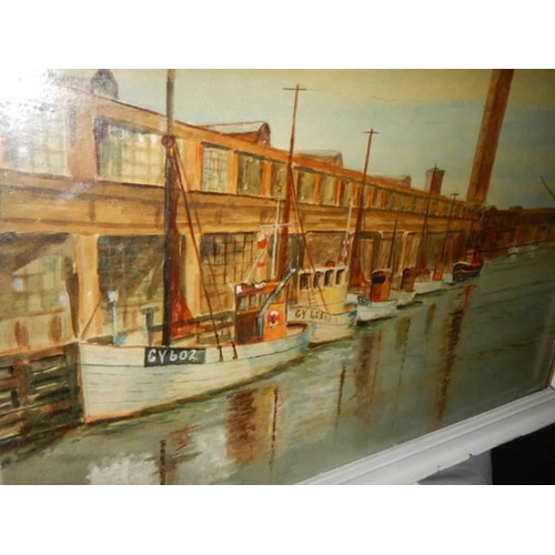 120 - An oil on board Grimsby Harbour, Tower & fishing fleet COLLECT ONLY.