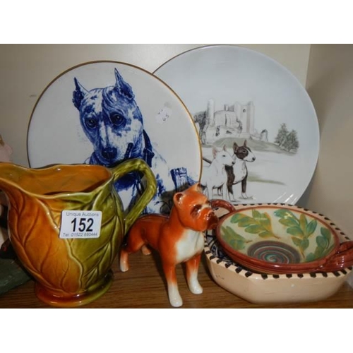 152 - Two dog related plates, a dog figure and other ceramics.