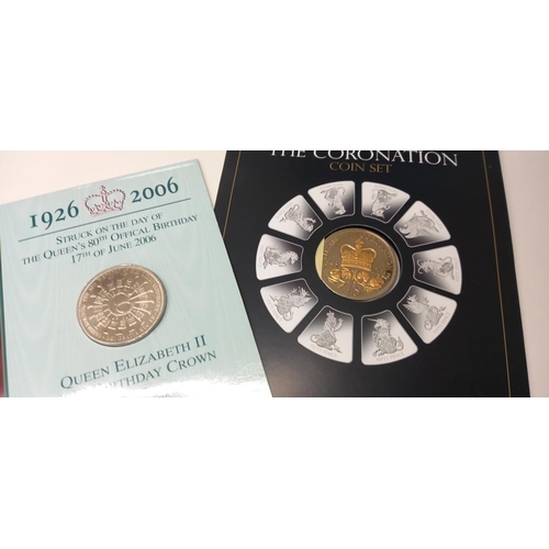 1127 - Queen Elizabeth II 80th birthday £5 coin and a Jersey coronation £5 coin in presentation packs