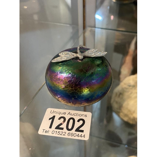 1202 - Glass iridescent paperweight with silver dragonfly by K. Heaton diameter 6cm, height 4cm