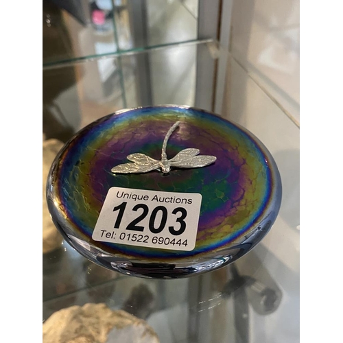 1203 - Glass iridescent paperweight with silver dragonfly by K. Heaton diameter 10cm, height 2cm