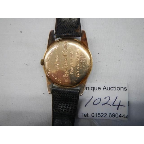 1024 - A Vulcan watch Co., Geneve 18ct gold cover gents watch from staff of Royal Bank of Canada Montevideo... 