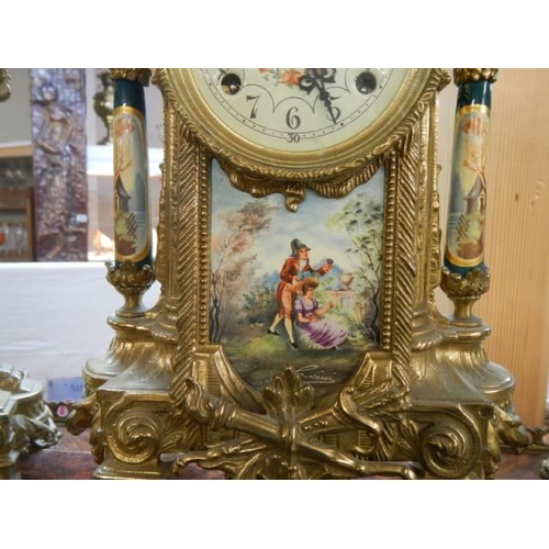 1483 - A superb three piece clock garniture with sevres panes, in working order, with key COLLECT ONLY.