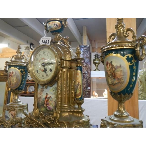 1483 - A superb three piece clock garniture with sevres panes, in working order, with key COLLECT ONLY.