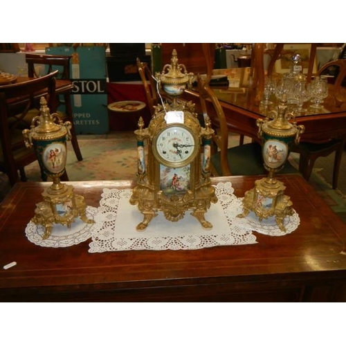 1483 - A superb three piece clock garniture with sevres panes, in working order, with key COLLECT ONLY.