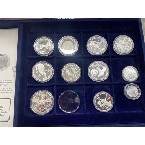 1200C - A collection of silver World Cup 90 coins and other coins including notes