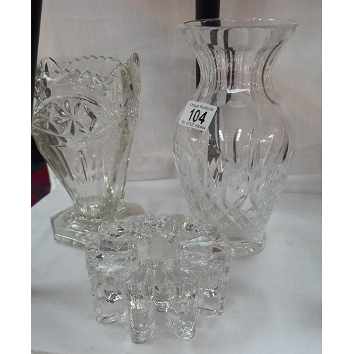 104 - A cut glass vase, 1 other and a heavy glass stand