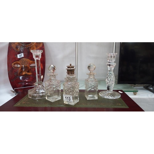 113 - 4 vintage condiment bottles and 2 candlesticks