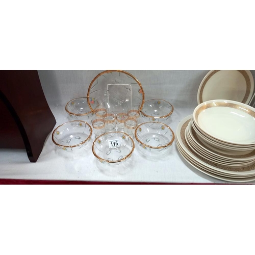 115 - A vintage glass bowl dessert set and a set of vintage glasses