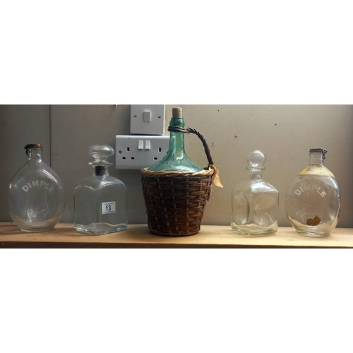 13 - Two dimple bottles, 2 decanters and one other