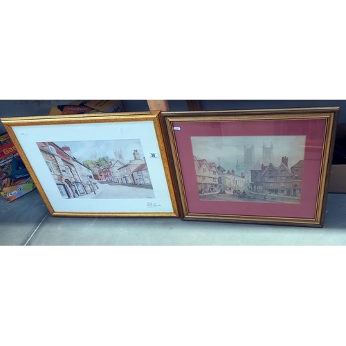 26 - 2 framed and glazed prints of Lincoln including signed Barton print of steep hill COLLECT ONLY