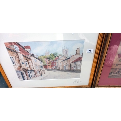 26 - 2 framed and glazed prints of Lincoln including signed Barton print of steep hill COLLECT ONLY