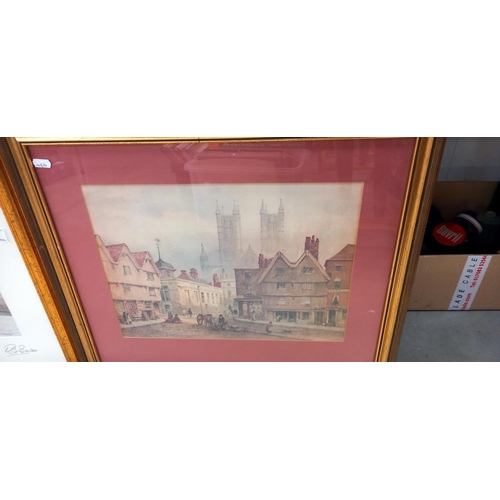 26 - 2 framed and glazed prints of Lincoln including signed Barton print of steep hill COLLECT ONLY